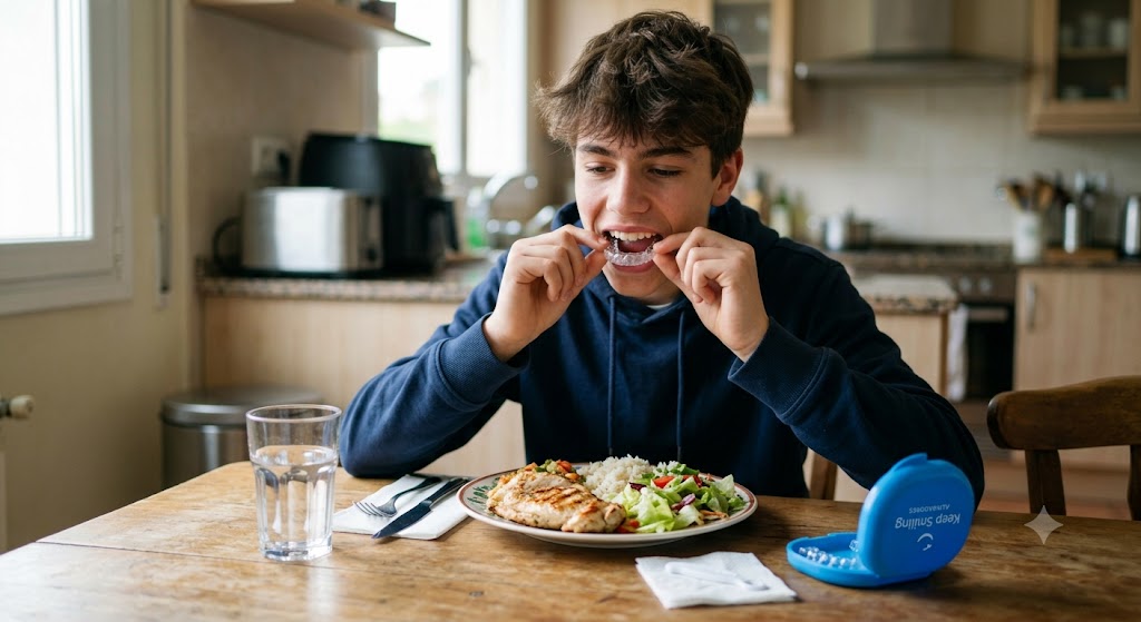 Un adolescente retira sus alineadores dentales invisibles antes de comer