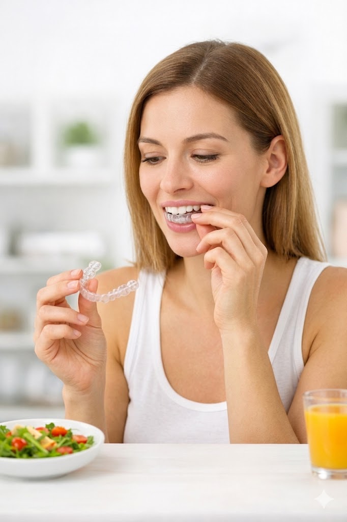 Mujer joven quitándose con facilidad los alineadores invisibles antes de comer